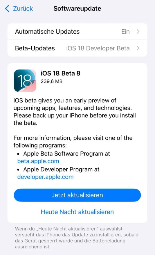 通河苹果手机维修分享苹果 iOS / iPadOS 18 开发者预览版 Beta 8 发布 